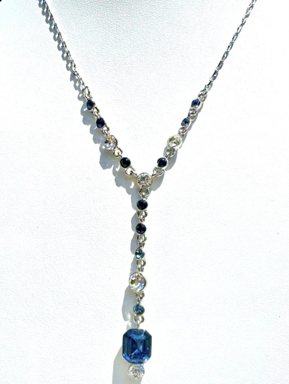 Givenchy Y Lariat Necklace Blue Crystals & Rhinesrones Silver Tone Signed
